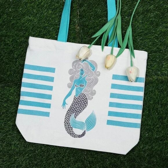 Canvas Tote Bag Mermaid Inside Zipper Top Zipper Mermaid Beach Tote - Picture 2 of 8